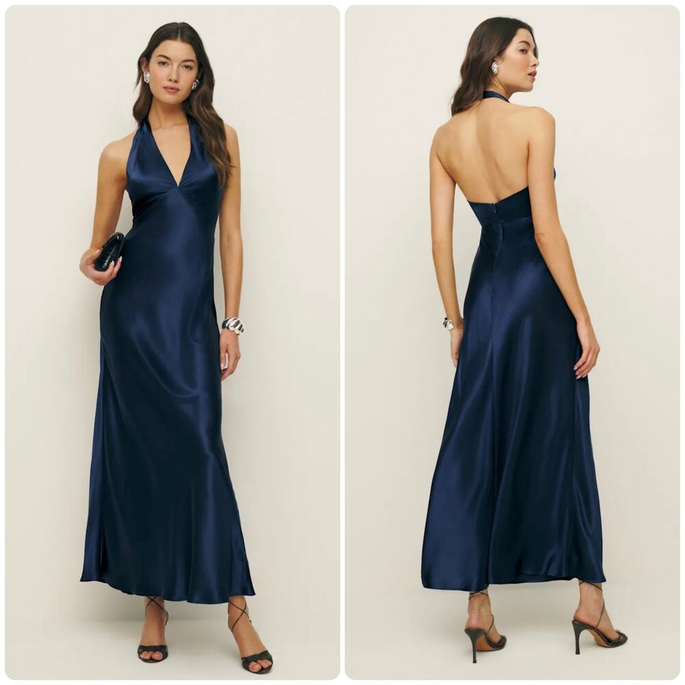 Reformation Daniela Silk Maxi Dress Navy Blue size 4 C0